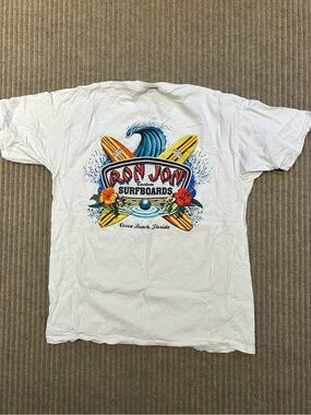 Ron Jon White Tee with Blue Wave and Multicolor Surfboard Art